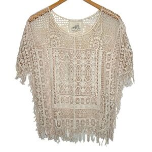 Anthropologie Angel Of The North Crochet Pullover Top Sz XS/Sm Cream Boho Fringe